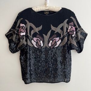 VINTAGE Marquis Randall Cosco Silk Sequin Beaded Sequin Pullover Top Glam 80's
